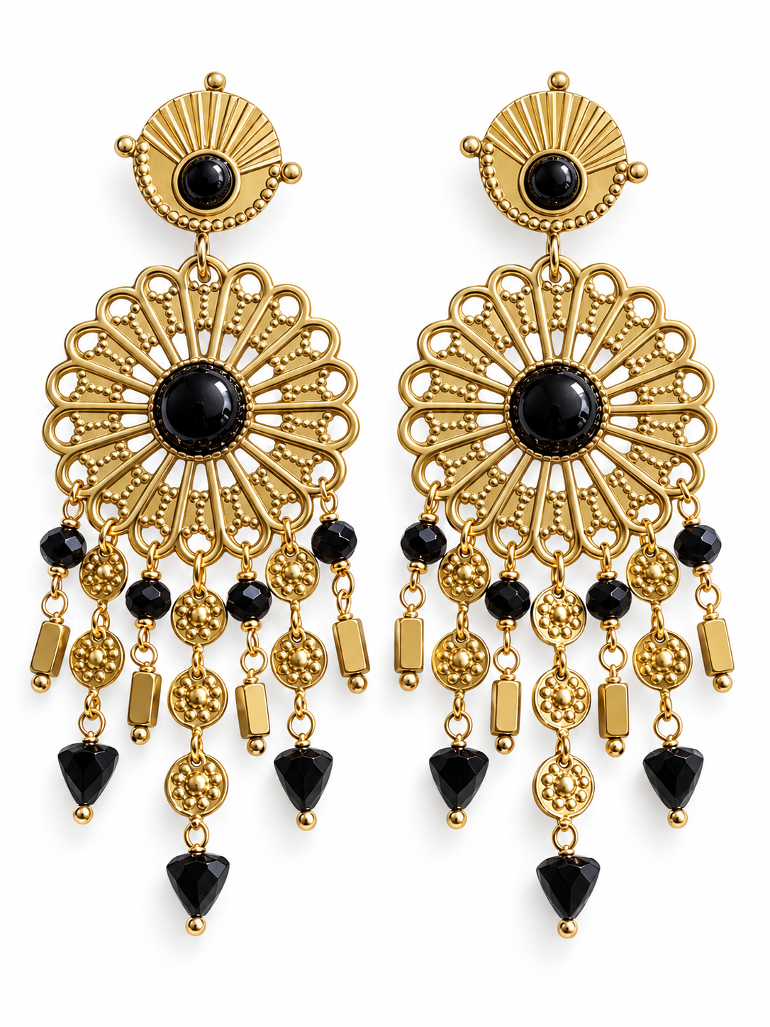 Boucles d’oreilles pendantes rosaces et pampilles noires en acier inoxydable doré – 6,5 cm
