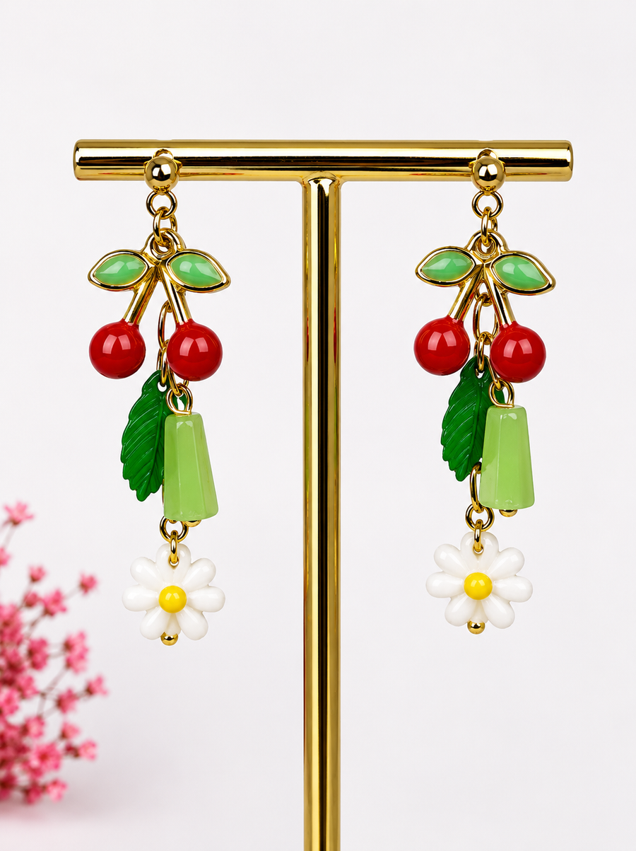 Boucles d’oreilles cerises pendantes 5 cm – Acier inoxydable doré