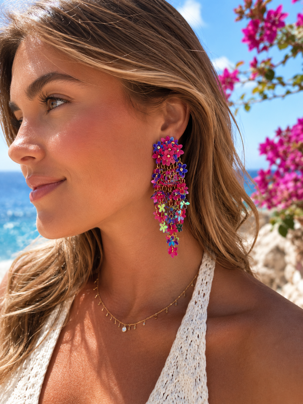 Boucles d’oreilles pendantes fleurs multicolores – Longueur 8 cm