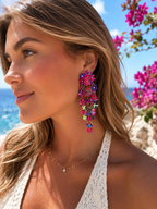 Boucles d’oreilles pendantes fleurs multicolores – Longueur 8 cm