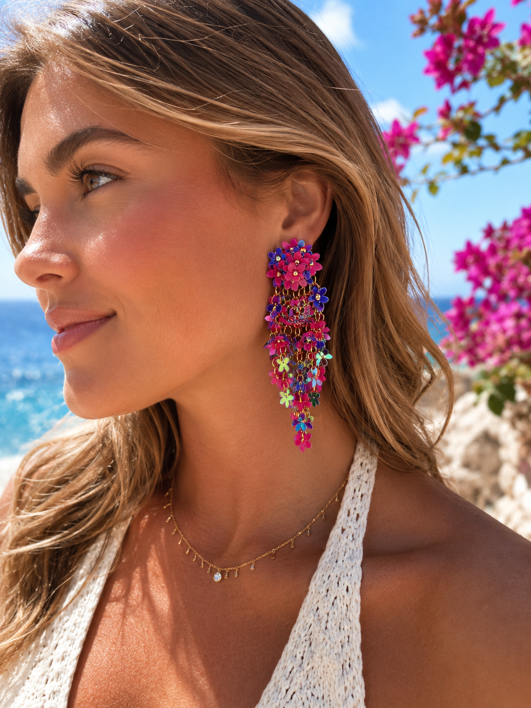 Boucles d’oreilles pendantes fleurs multicolores – Longueur 8 cm