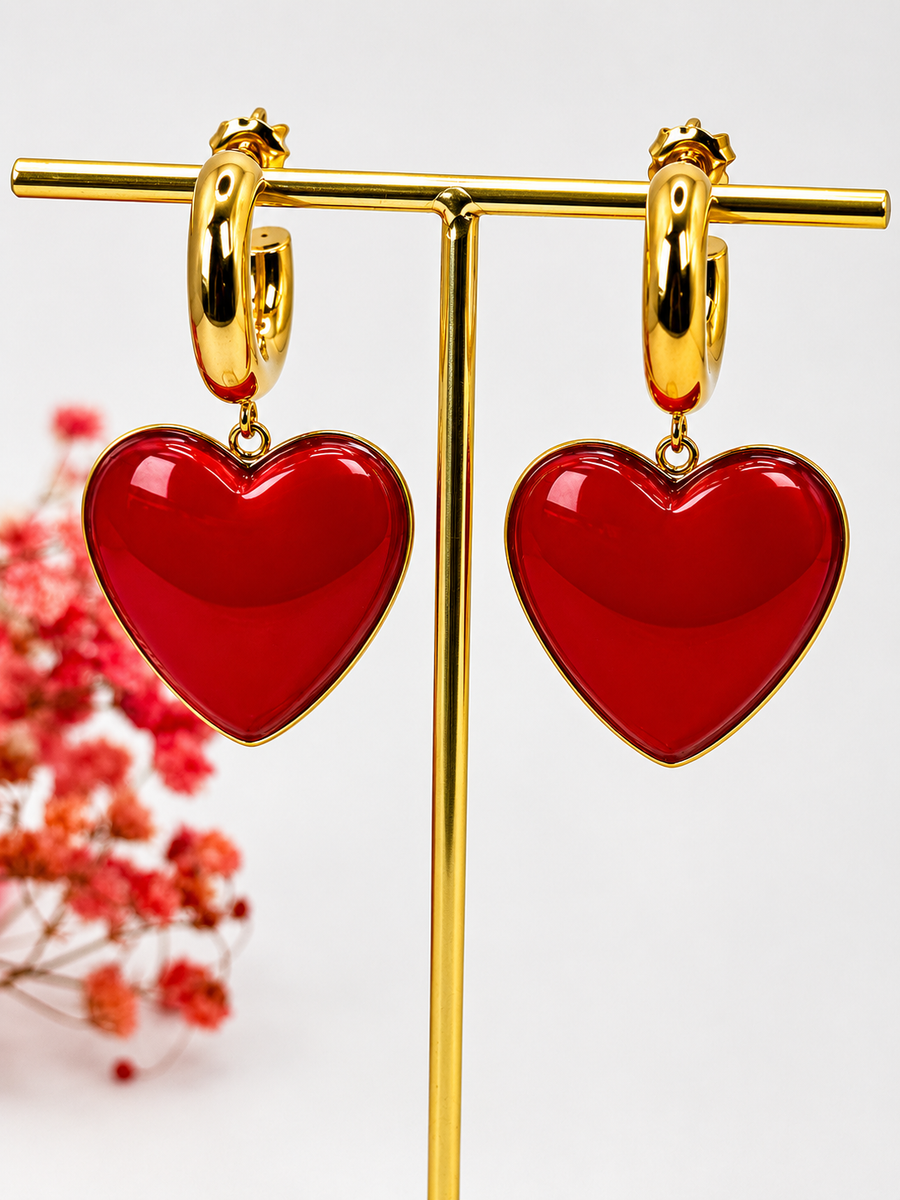 Boucles d’oreilles cœur rouge en acier inoxydable doré