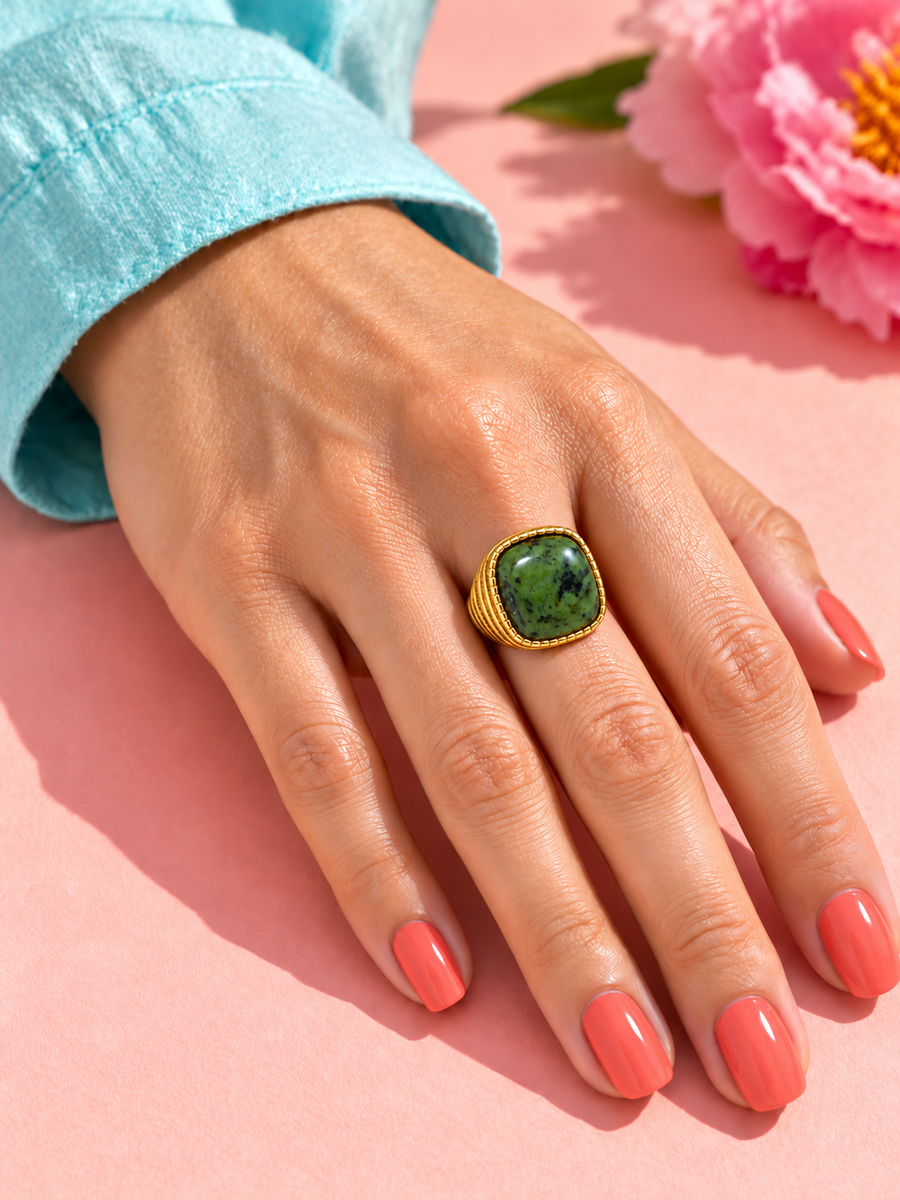 Bague avec pierre en acier inoxydable doré – 5 variantes, motif 2 cm