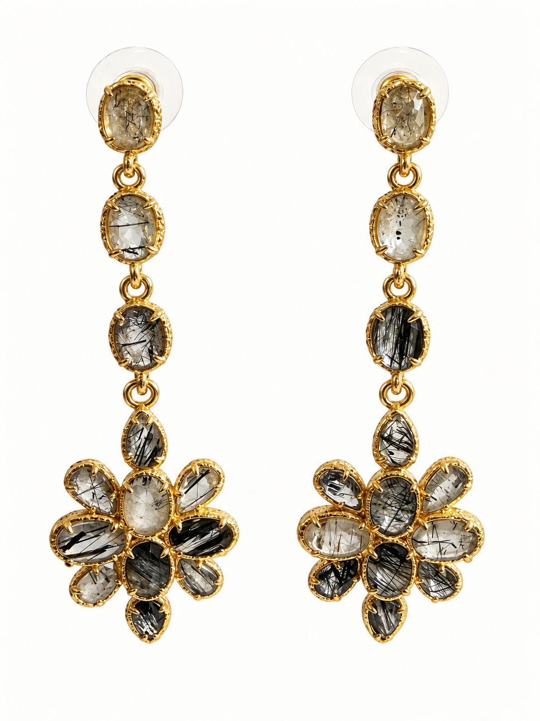 Boucles d’oreilles pendantes fleur en acier inoxydable doré – Gris et noir, 5,5 cm