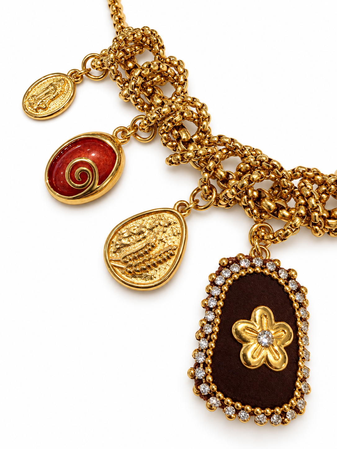 Collier doré à breloques et médaillon fleur brun en acier inoxydable