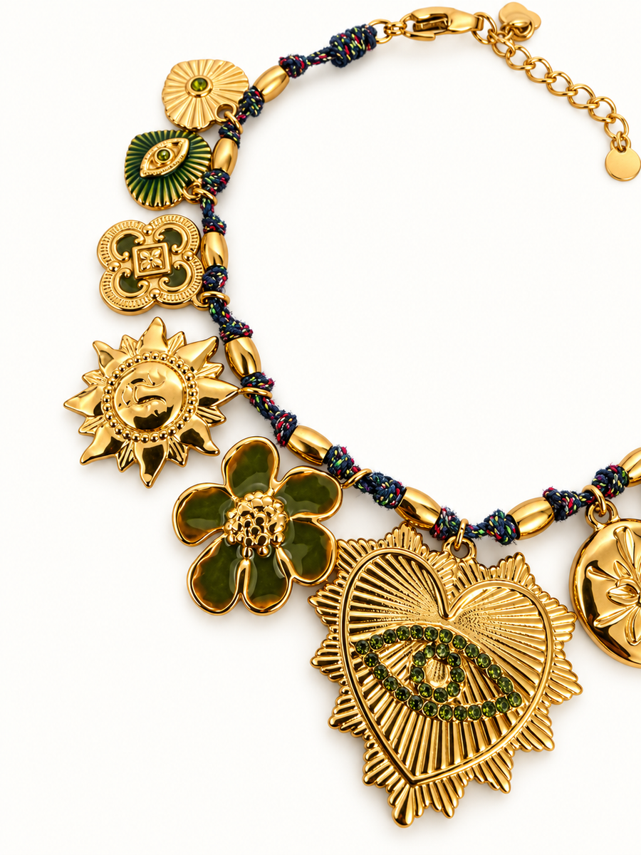 Armband goldfarbene Anhänger Edelstahl – bunte Jaspisperlen Bohème-Stil