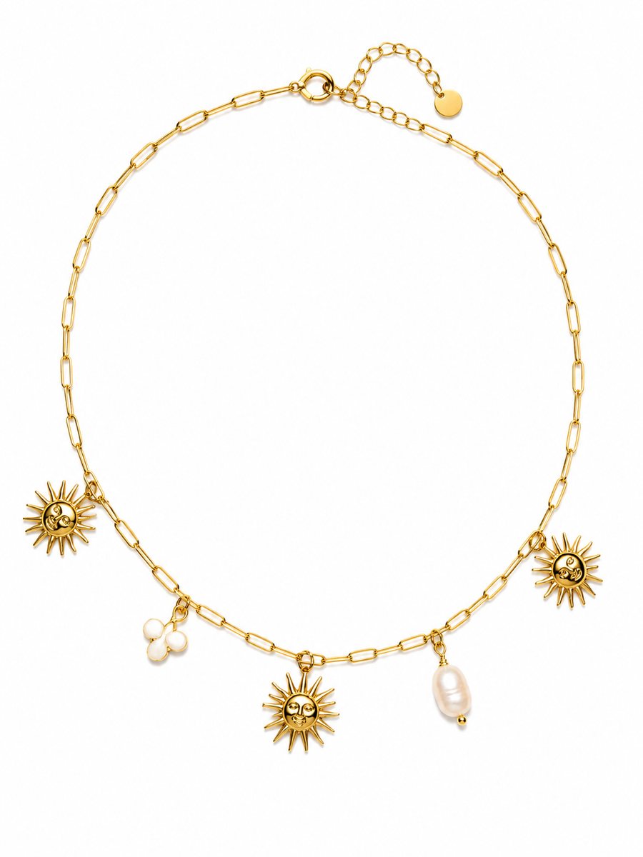 Collier charms soleil et perles en acier inoxydable doré – esprit bohème chic