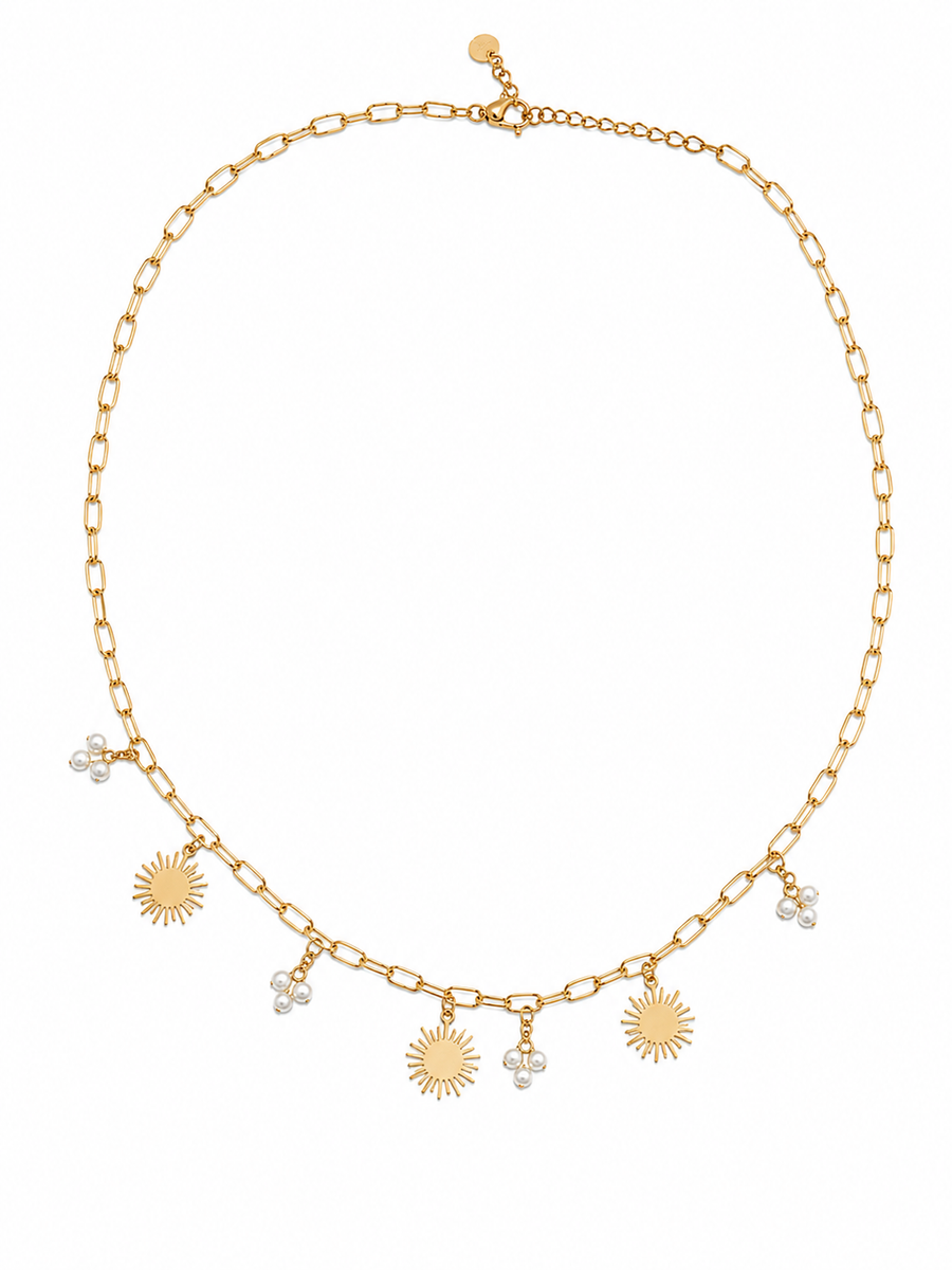 Collier pampilles soleil et perles en acier inoxydable doré – esprit bohème chic