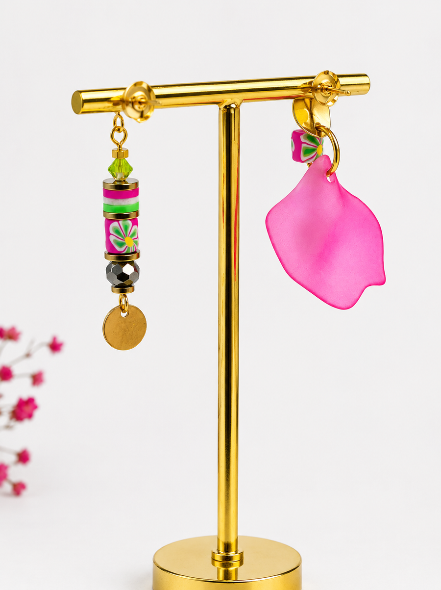 Boucles d’oreilles dépareillées roses en acier inoxydable – Style pop et féminin