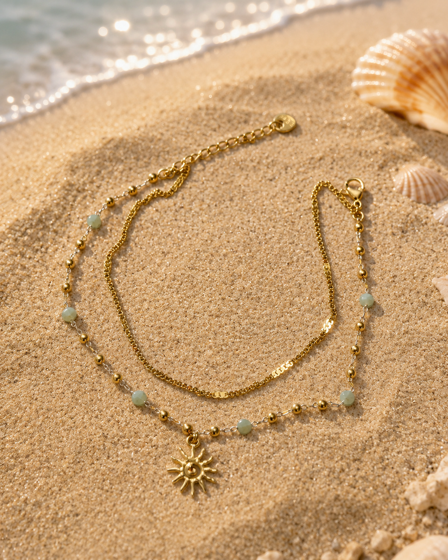 Bracelet de cheville double rang en acier inoxydable doré – perles vert d’eau & pendentif soleil