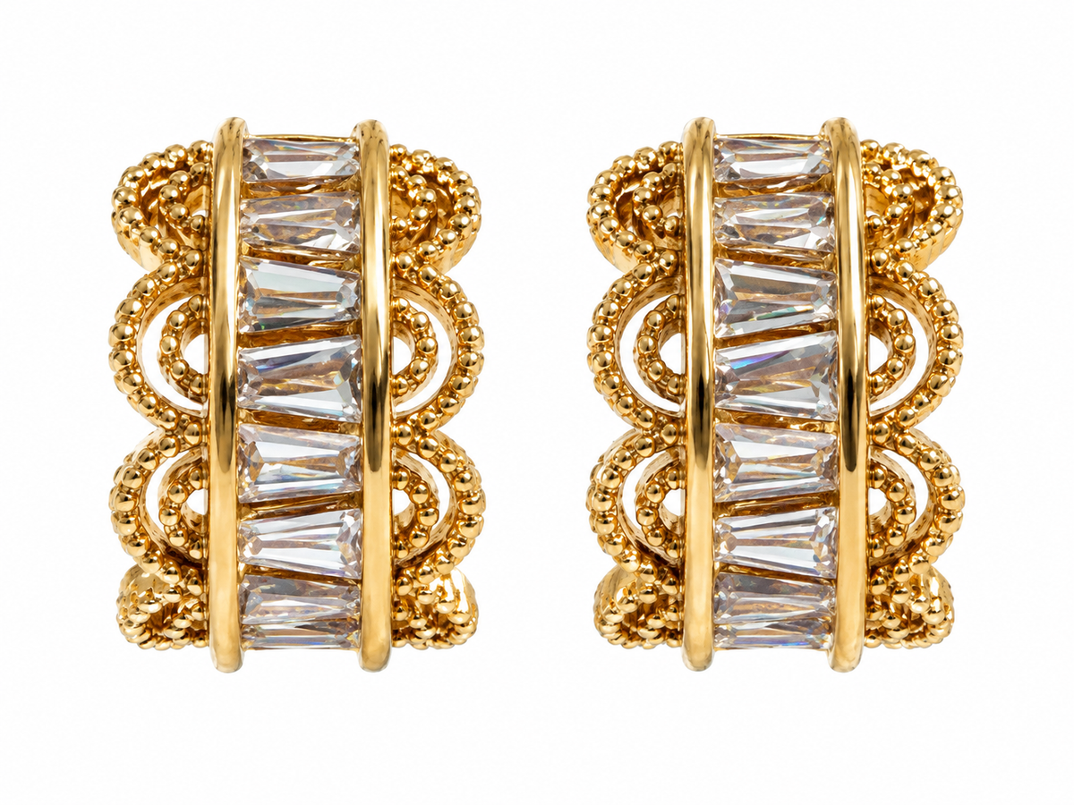 Boucles d'oreilles mini créoles dorées ajourées dentelles strass blanc – 1,5 cm
