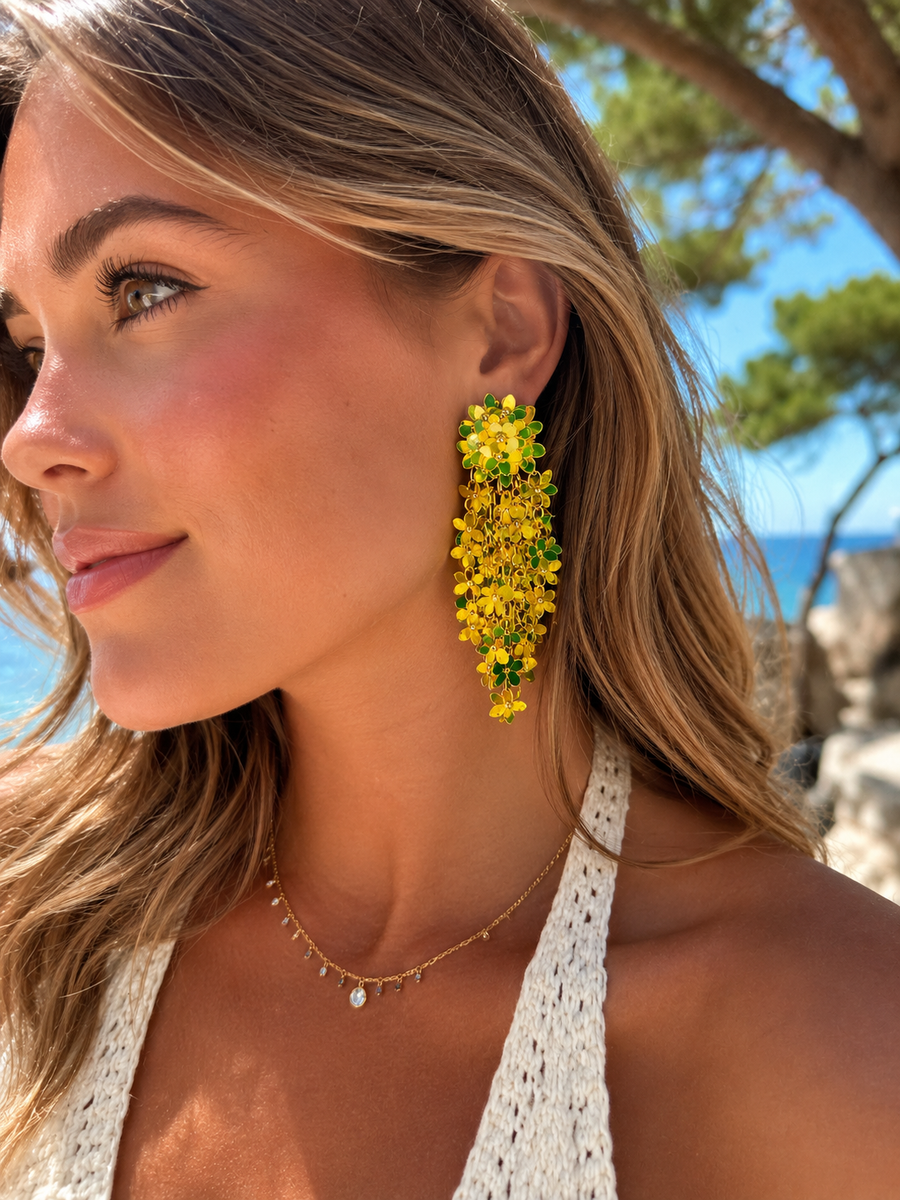 Boucles d’oreilles pendantes fleurs jaunes et vertes – Longueur 8 cm