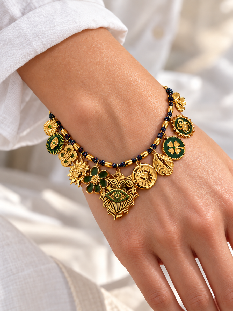 Armband goldfarbene Anhänger Edelstahl – bunte Jaspisperlen Bohème-Stil