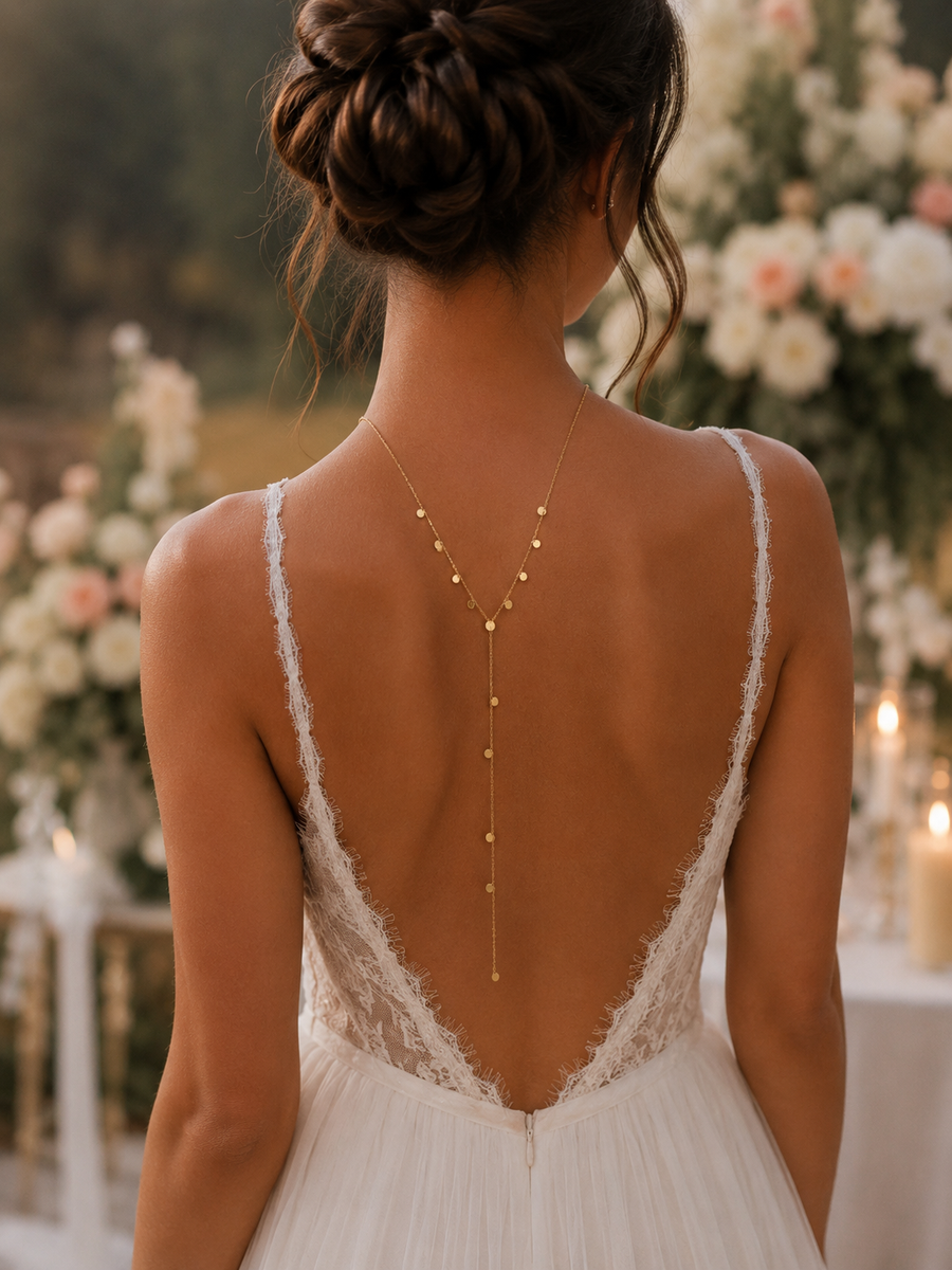 Collier et chaîne de dos dorée perles – acier inoxydable