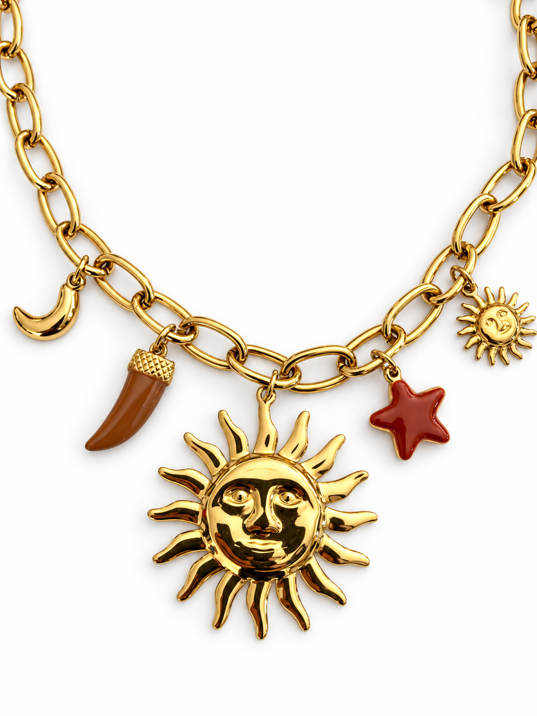 Verstellbare Halskette mit goldenem und rotem Herz – Barock & Sakralstil, braune Perlen.