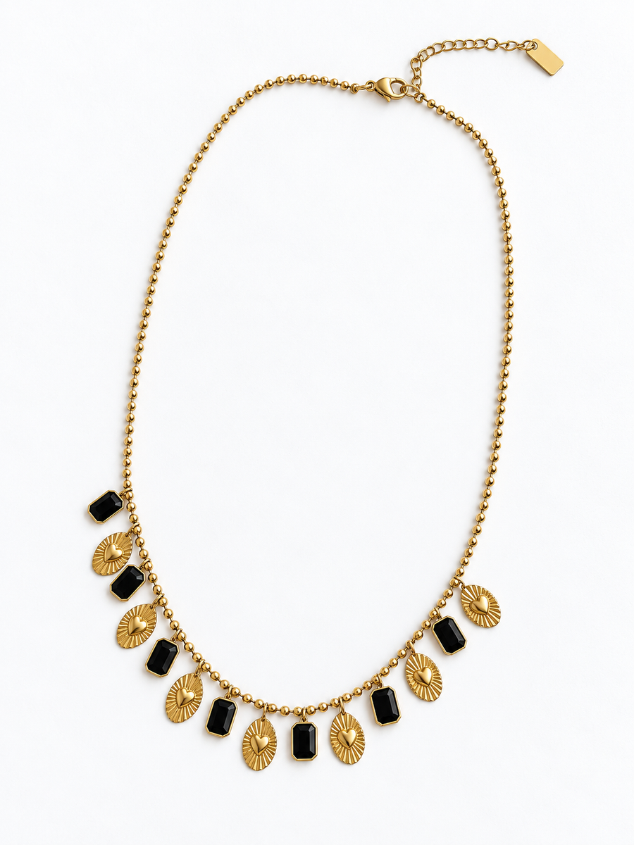 Collier doré à pampilles cœur et ornements facettés en acier inoxydable - 3 coloris