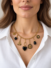 Collier breloques cœur noir et médaillons en acier inoxydable doré