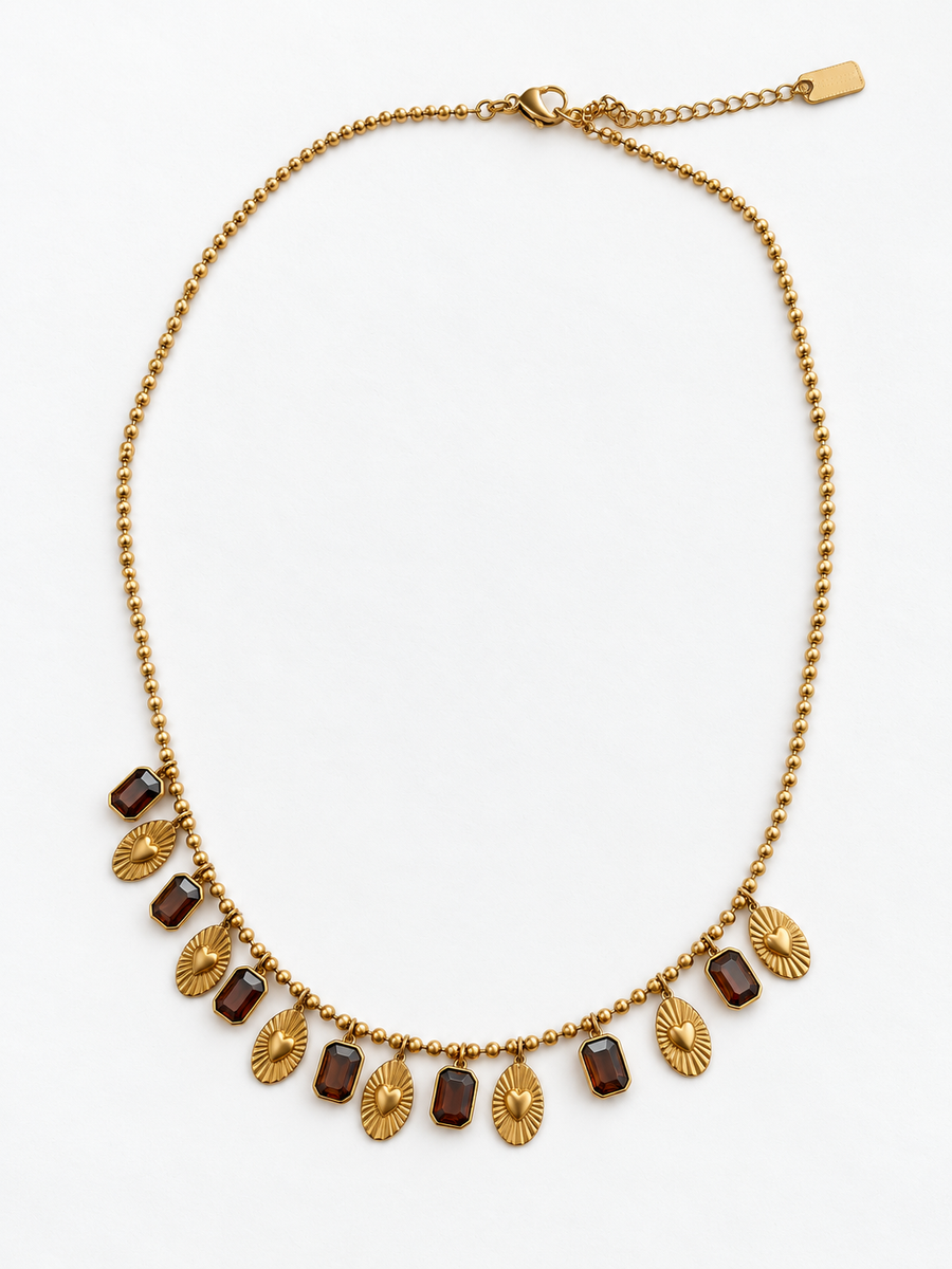 Collier doré à pampilles cœur et ornements facettés en acier inoxydable - 3 coloris