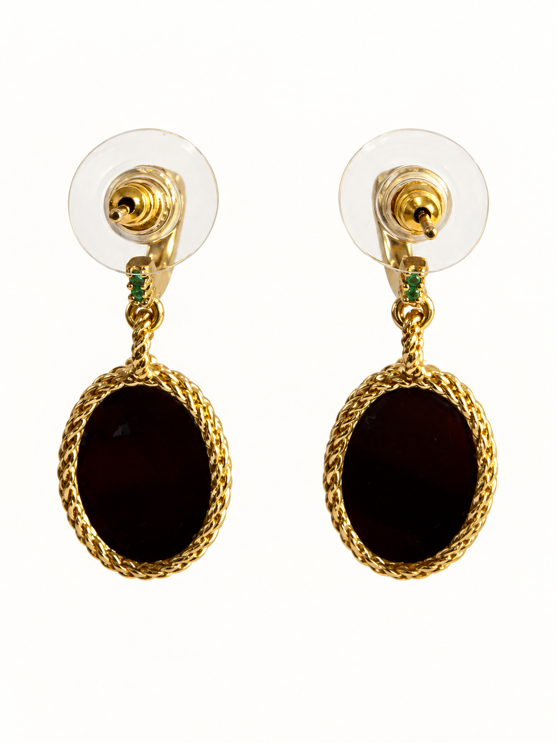 Boucles d’oreilles dorées à pendentif ovale marron et détails verts – Acier inoxydable