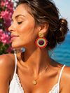Boucles d’oreilles bohèmes perlées rose fuchsia et turquoise – diamètre 4 cm