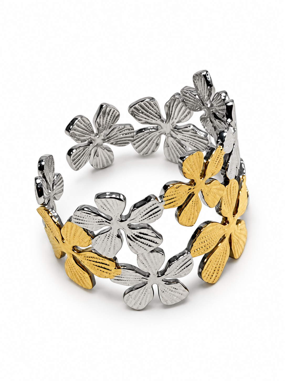 Bague fleurs bicolore en acier inoxydable – Réglable, largeur 1,5 cm