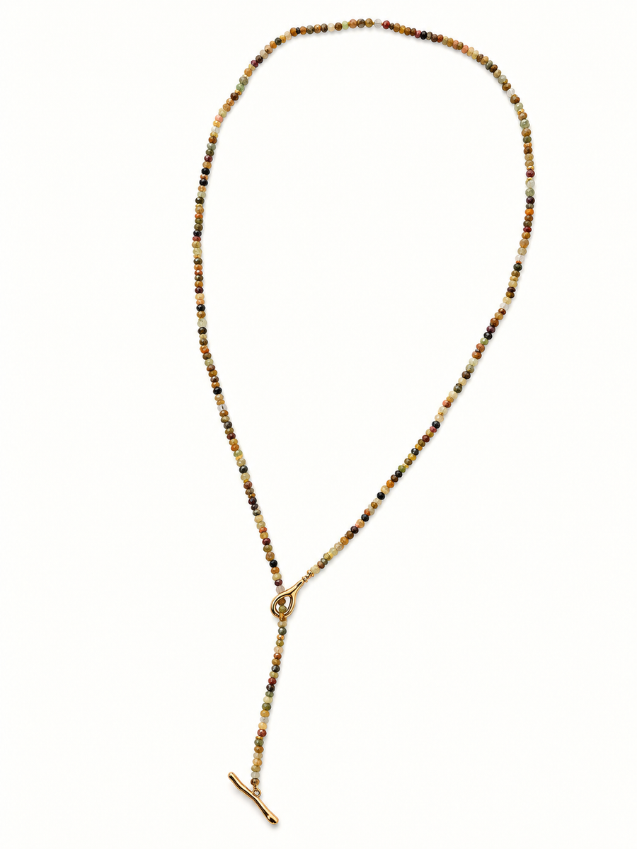 Collier-bracelet en pierres naturelles multicolores et acier inoxydable doré – 78 cm