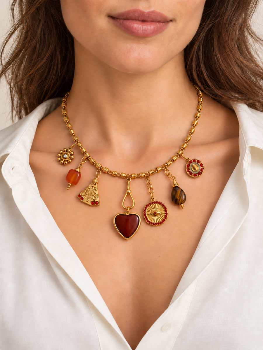 Collier breloques cœur terracotta en acier inoxydable doré
