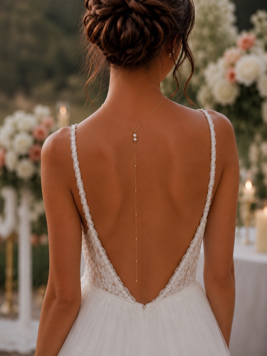 Chaîne de Dos et Collier Perles en Acier Inoxydable – Élégance Mariage Bohème