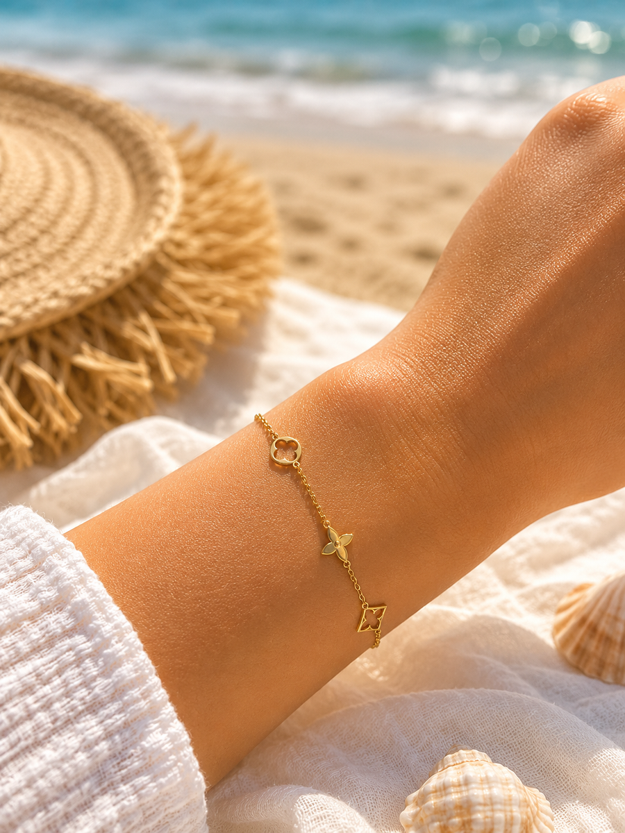 Bracelet fin femme en acier inoxydable doré – motifs ajourés tendance