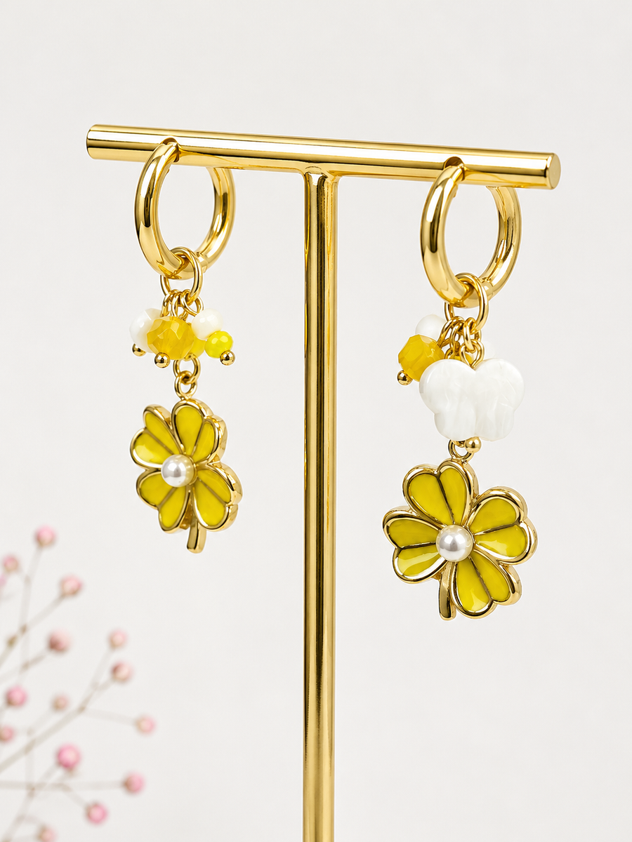 Boucles d’oreilles fleur jaune pendantes – Acier inoxydable doré