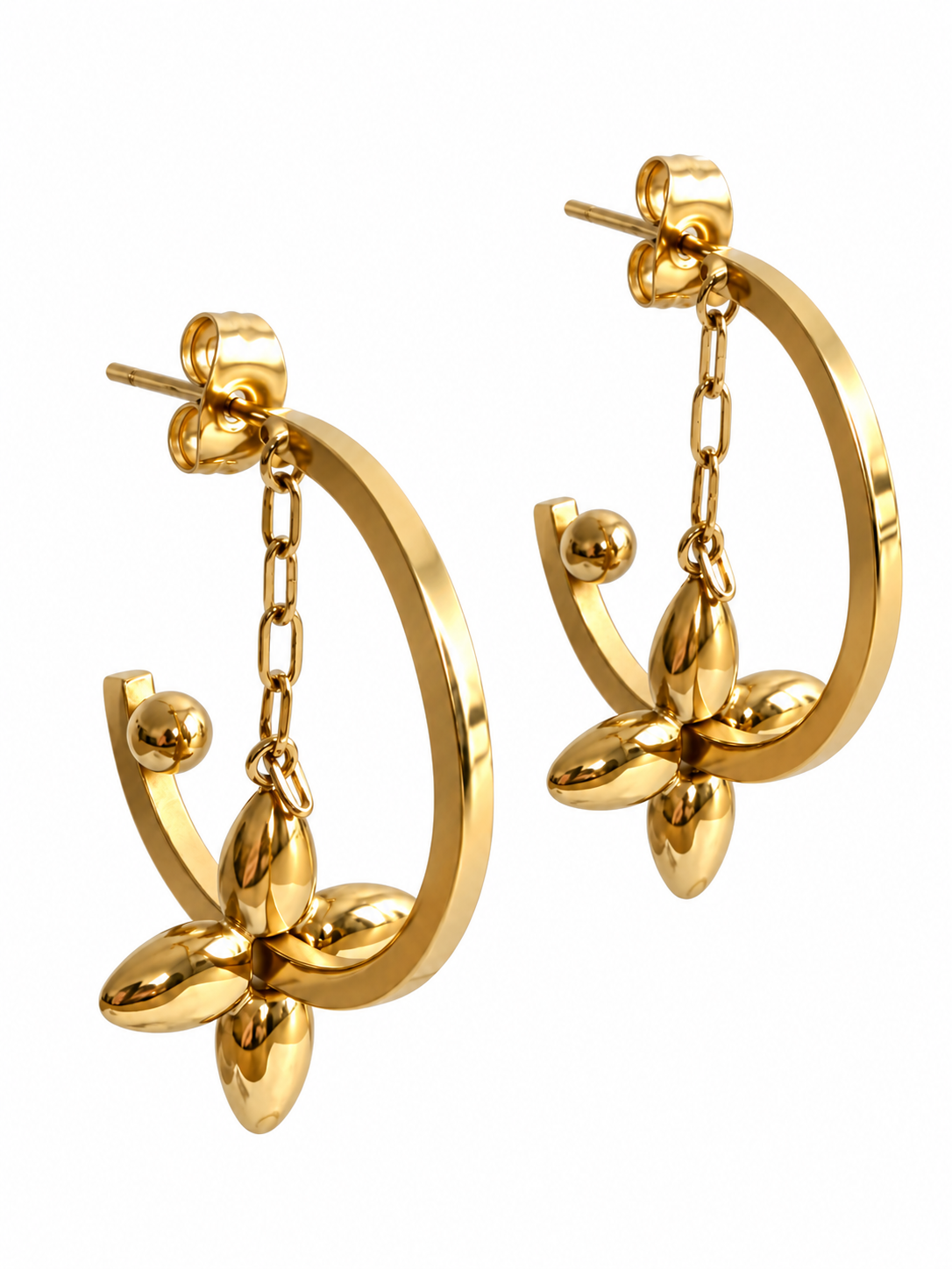 Boucles d’oreilles créoles ouvertes dorées avec fleur en acier inoxydable – 3 cm