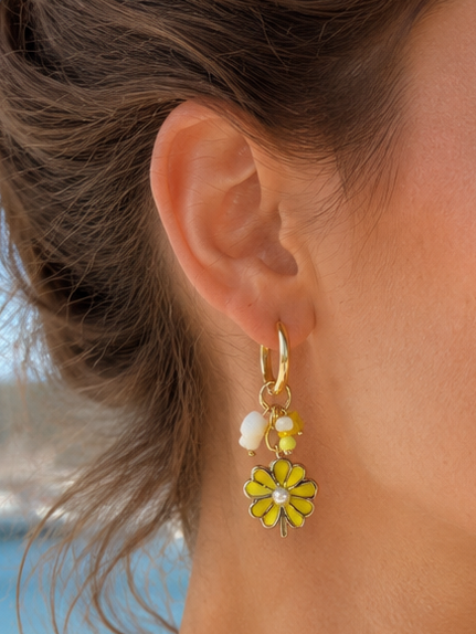 Boucles d’oreilles fleur jaune pendantes – Acier inoxydable doré
