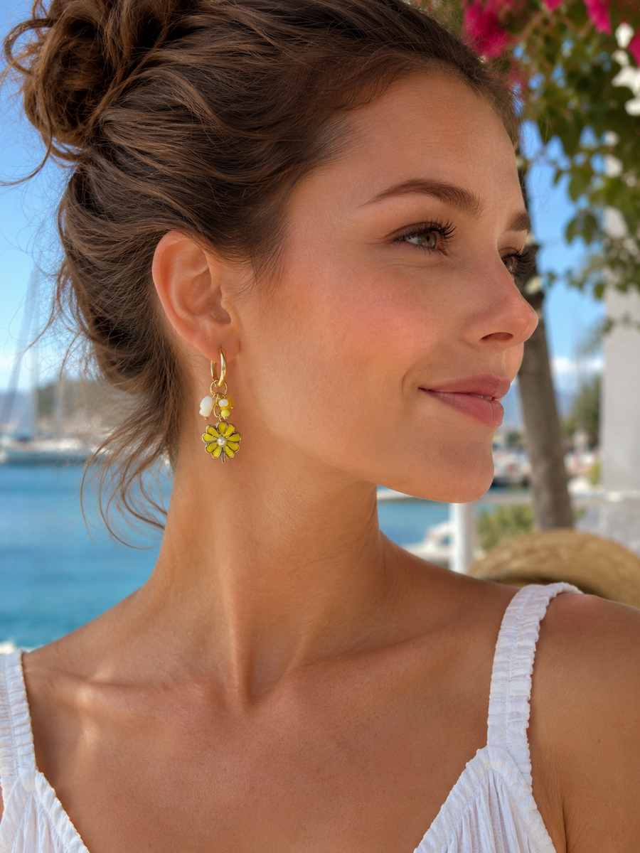 Boucles d’oreilles fleur jaune pendantes – Acier inoxydable doré