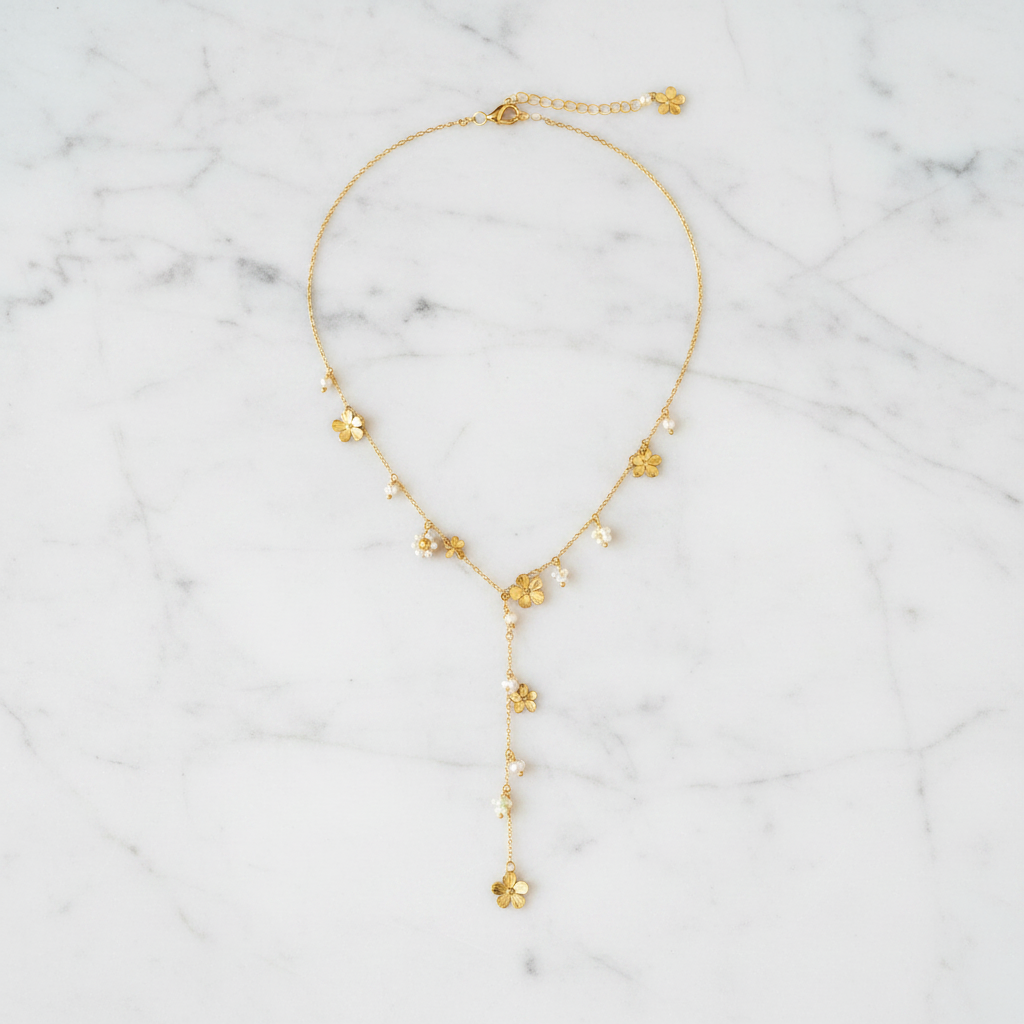 Collier Y Fleur en Acier Inoxydable Doré & Perles – Collier Bohème Chic Femme