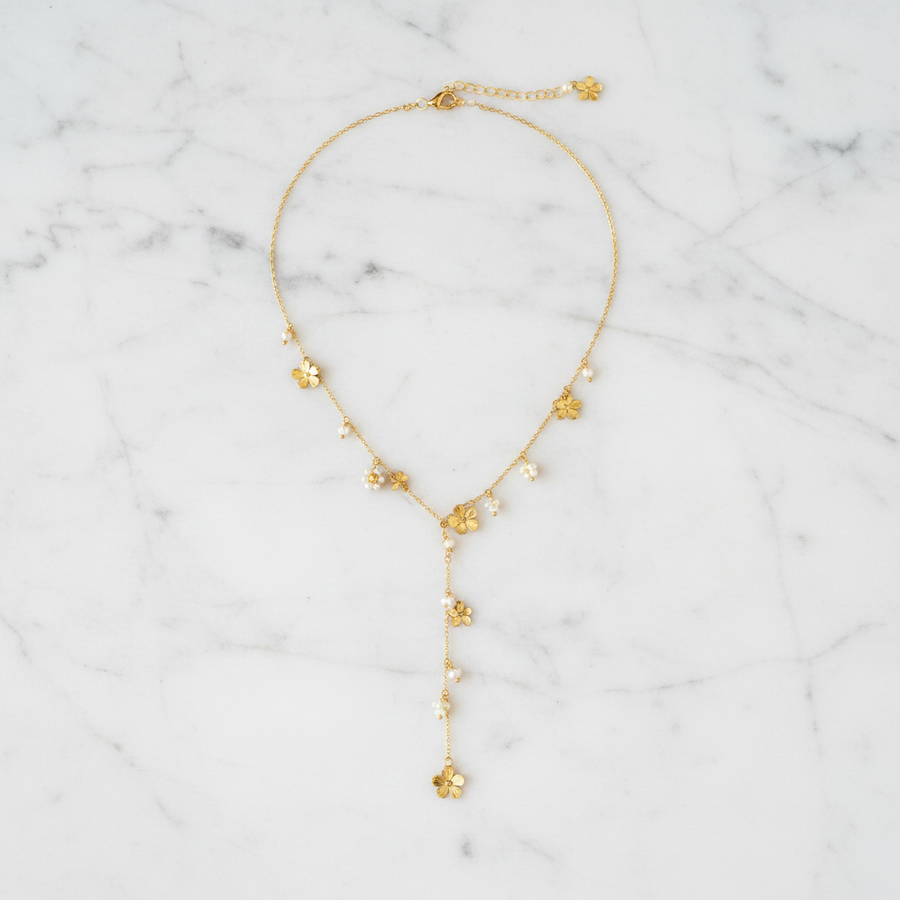 Collier Y Fleur en Acier Inoxydable Doré & Perles – Collier Bohème Chic Femme