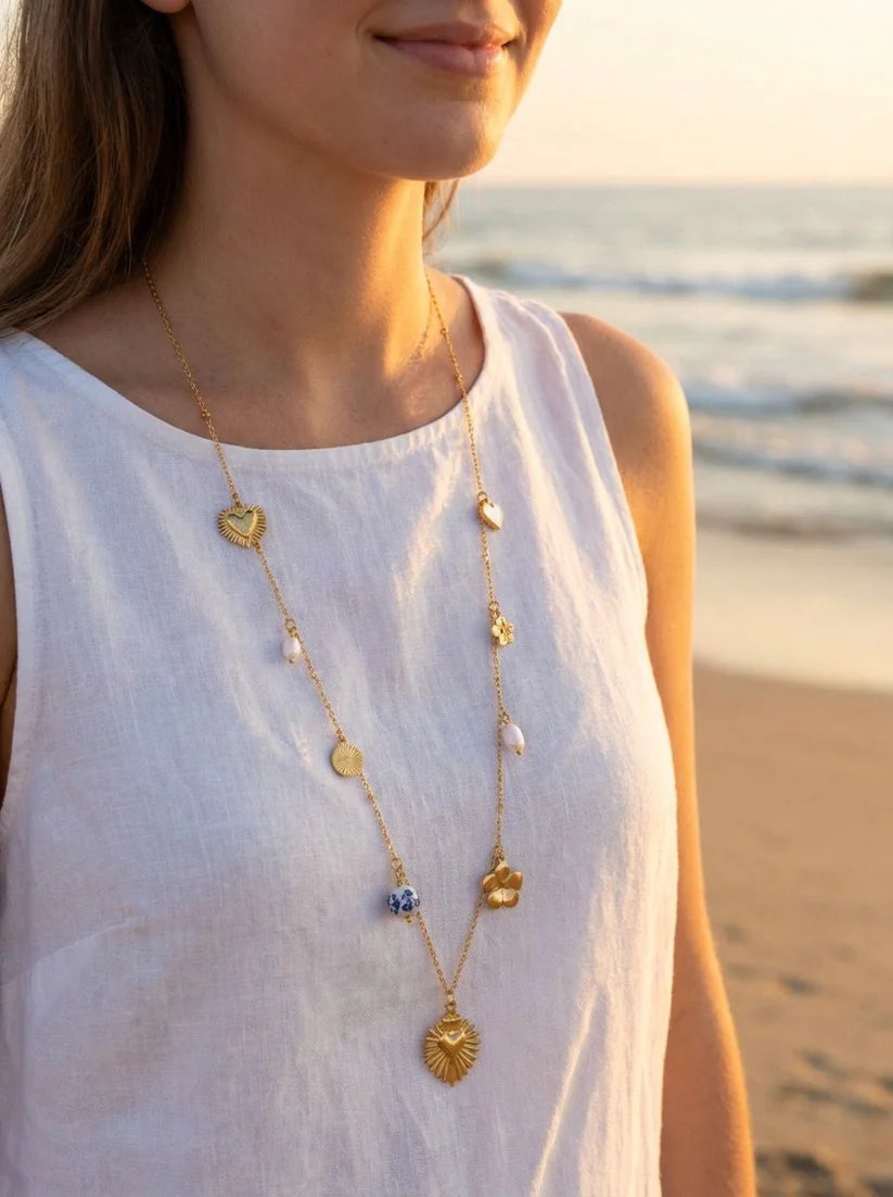Collier Sautoir Doré Breloques Cœur Sacré & Céramique Bleue | Acier Inox