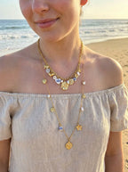 Collier Sautoir Doré Breloques Cœur Sacré & Céramique Bleue | Acier Inox