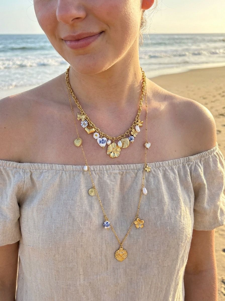Collier Sautoir Doré Breloques Cœur Sacré & Céramique Bleue | Acier Inox