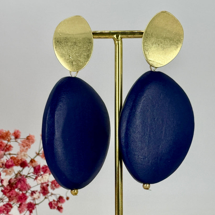 Boucles d'oreilles Clips Galets en Bois noir, marron ou bleu.