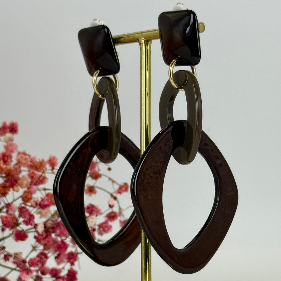 Boucles d'oreilles Clips pendantes 2 Ovales en Résine bleu, noir ou marron.