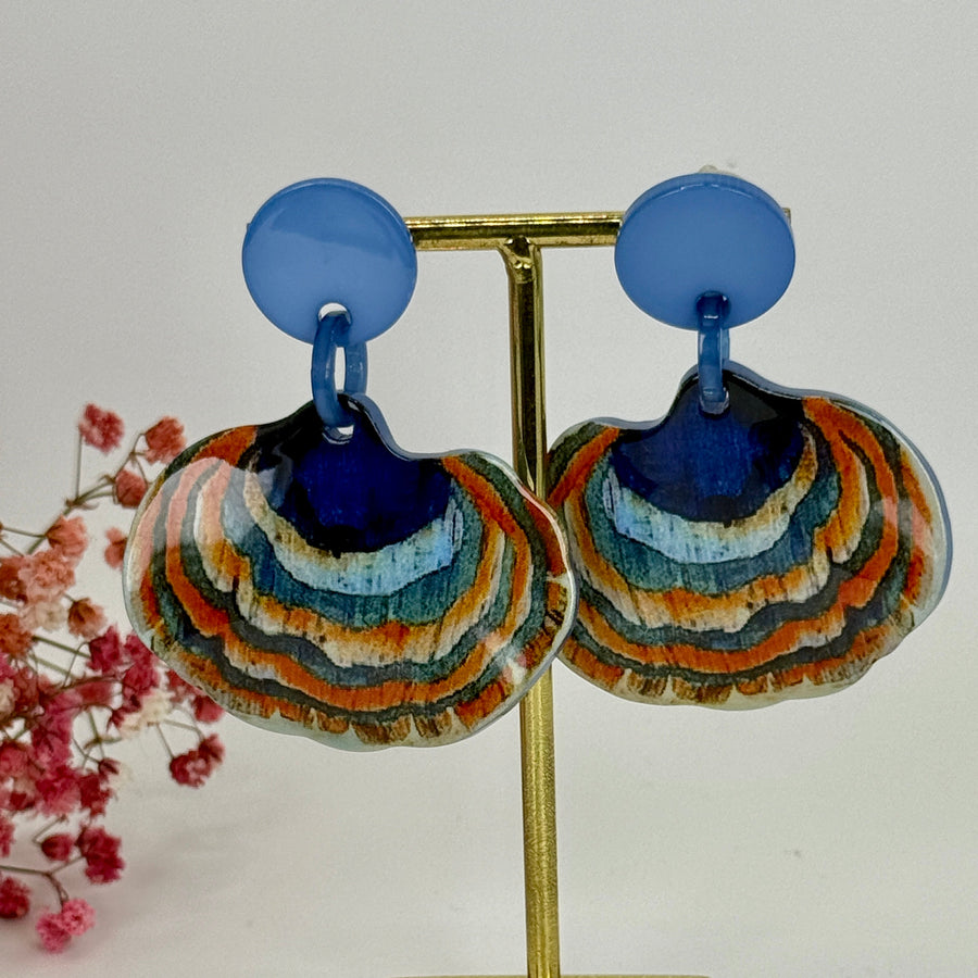 Oorbellen Eventail in oranje, groene of blauwe hars.