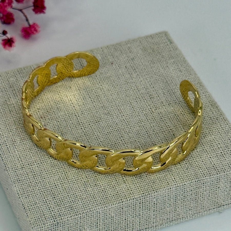 Bracelet Manchette Ouverte Doré – Acier Inoxydable Ajustable – Style Maillons
