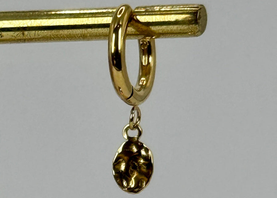 Mini creool oorbellen verguld met gehamerde ronde hanger – Verguld of verzilverd roestvrij staal.