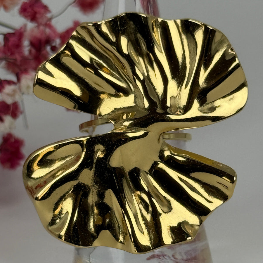 Verstellbarer Ring aus Edelstahl – Elegantes, gewelltes Blattdesign – Gold- oder Silberfinish