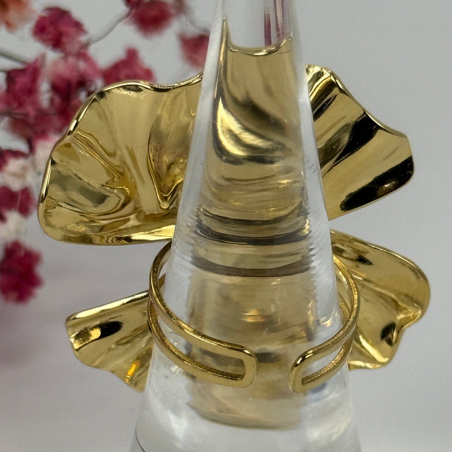 Verstellbarer Ring aus Edelstahl – Elegantes, gewelltes Blattdesign – Gold- oder Silberfinish