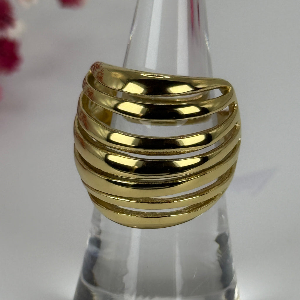 Verstellbarer, durchbrochener Ring aus vergoldetem Edelstahl – Skulpturales Design – Eleganter breiter Ring