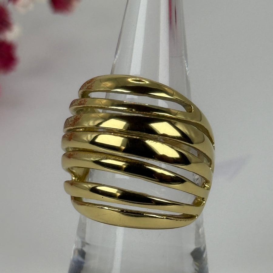 Bague ajustable ajourée en acier inoxydable dorée – Design sculptural – Anneau large élégant