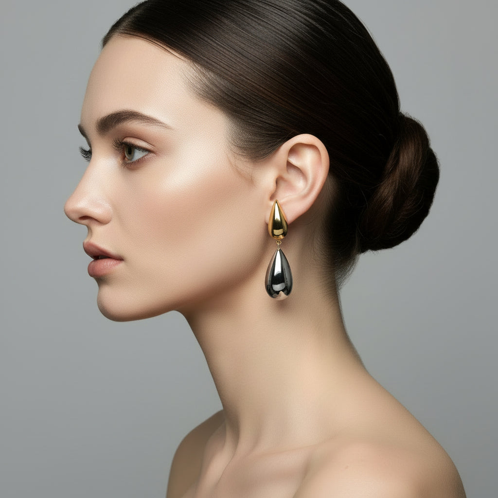 Zweifarbige Tropfenohrringe aus Edelstahl – Gold- und Silberfarben, eleganter Stil