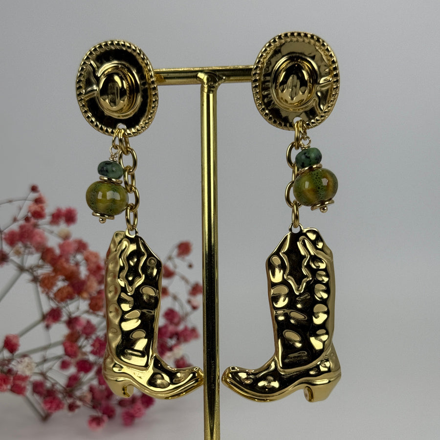 Boucles d’oreilles western en acier inoxydable doré – Chapeau, bottes cowgirl et perles fantaisie