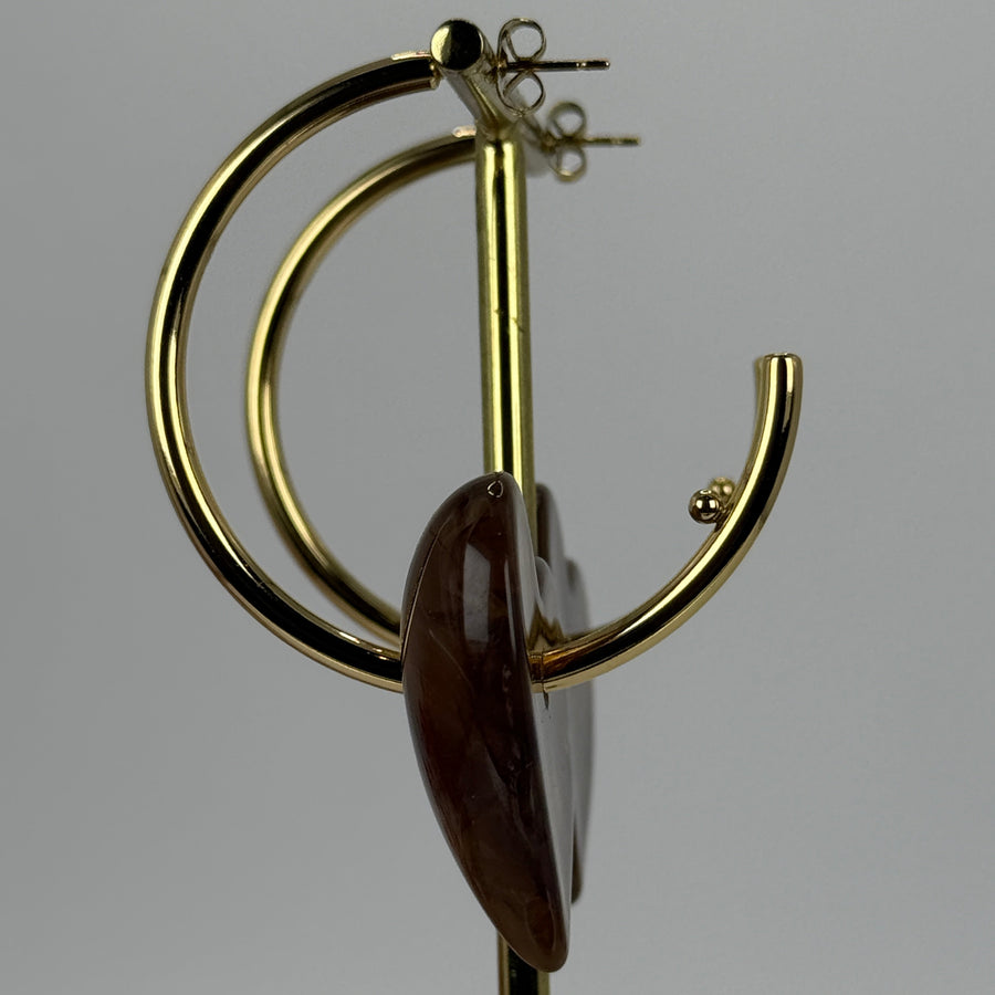 Boucles d’oreilles créoles cœur en acier inoxydable doré – Pendentif cœur effet résine marron